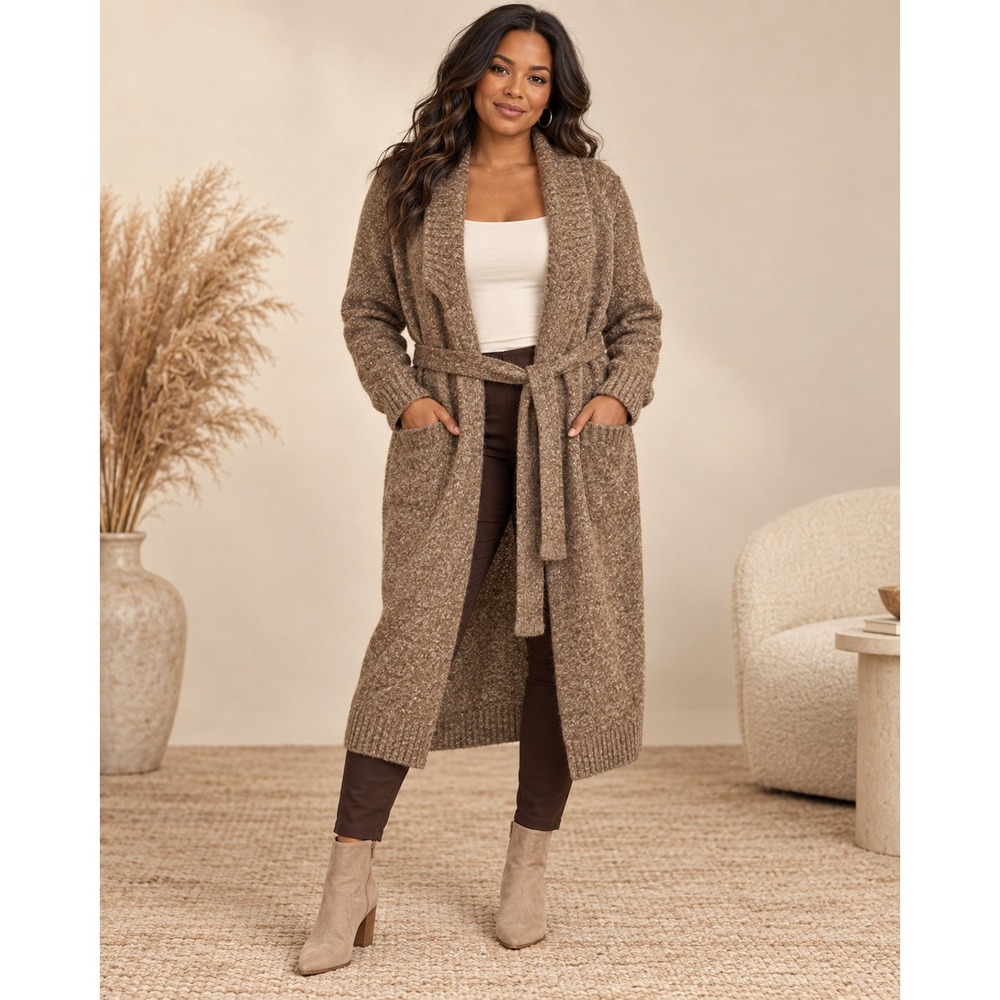 ASTR The Label Women's XL Lorrie Hazelnut Marl Belted Longline Cardigan